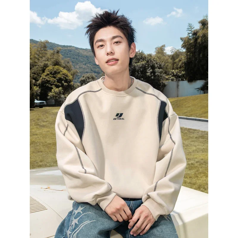 TFETTERS 2025 الخريف الشتاء موضة بلوزات فضفاضة الرجال المطرزة التباين اللون س الرقبة عالية الشارع فضفاض بلوزات رجل #1