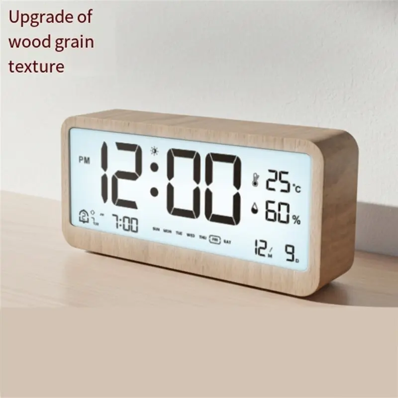 【PUBLICITY】Multi-Function Wooden Digital Clock LED Brightness Adjustable Dual Mode Alarm Temperature And Humidity Display