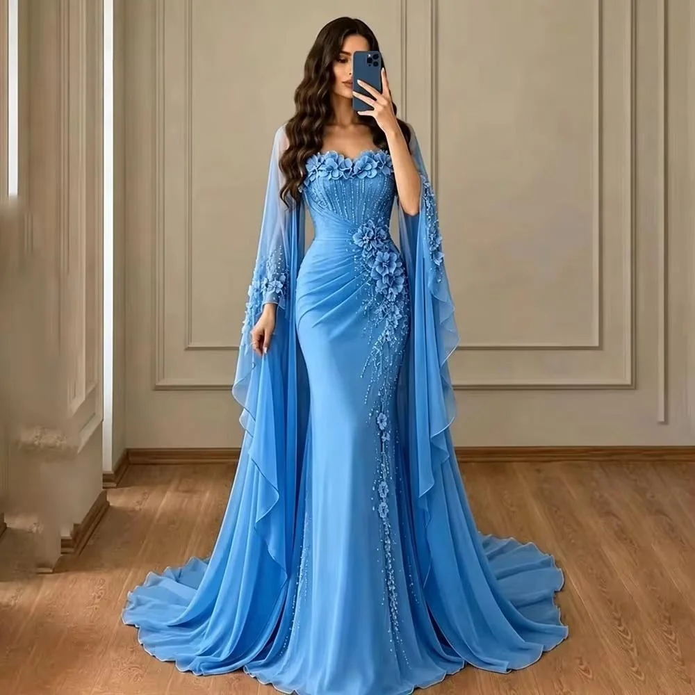 Luxury Chiffon Mermaid Sweetheart Collar Open Sleeve 3D Flower Stickers Ruffle Wedding Guests Party Evening Dress Customization