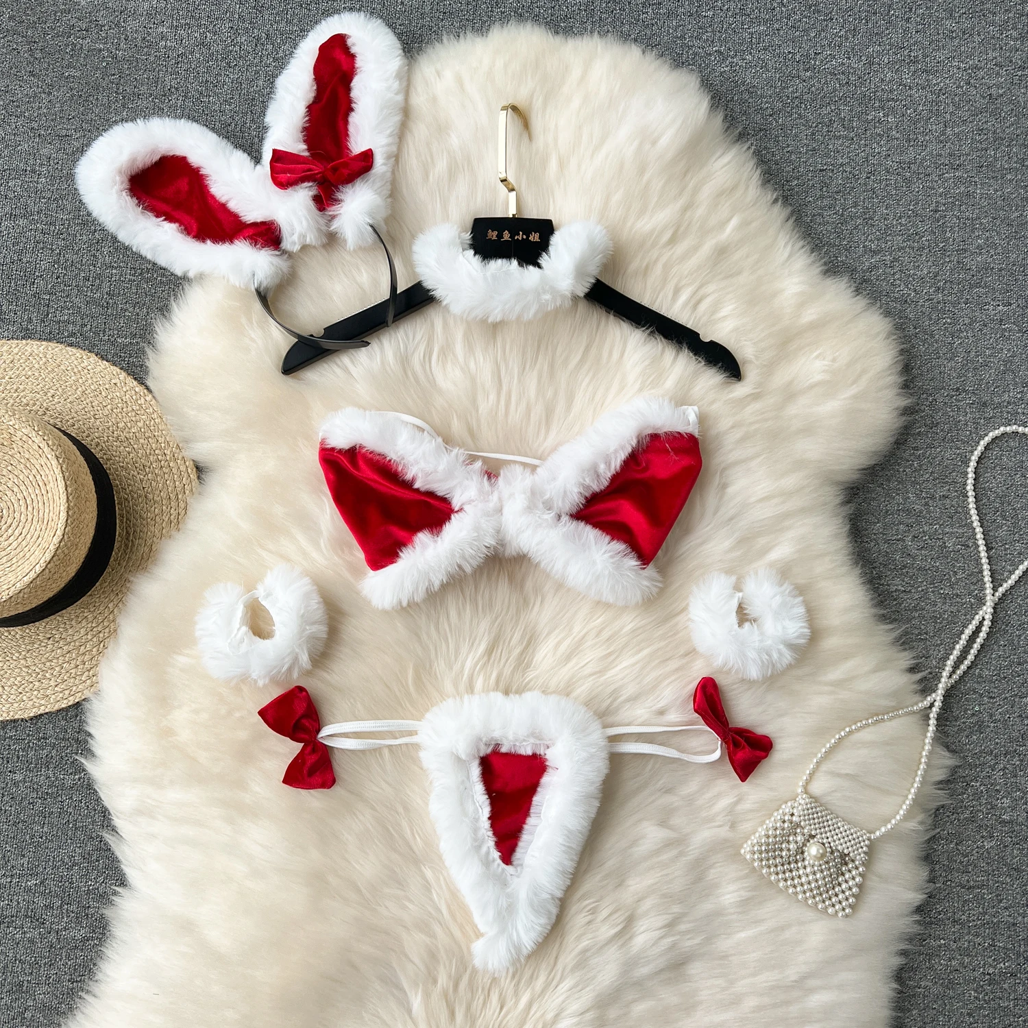 

Womens Sexy Lingerie Exotic Sensual Christmas Velour Bra Brief Thongs Five Piece Underwear Set Temptation Babydoll Fetish Outfit