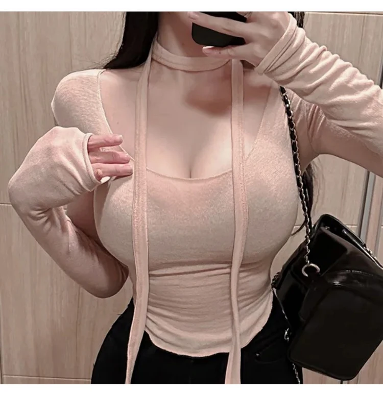 Koreanischer Stil U-Ausschnitt Band Slim Fit Transparentes Langarm Damen T-Shirt 2026 Sommer Figurbetontes T-Shirt Einzigartiges Design Crop Top – Detail 10