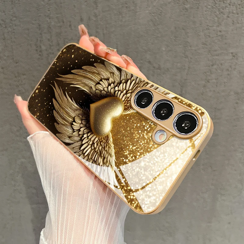 Double wing golden heart-shaped pattern glass phone case suitable for Samsung Galaxy S26 S25 S24 S22 S21 S20 FE/Ultra/Plus view 4