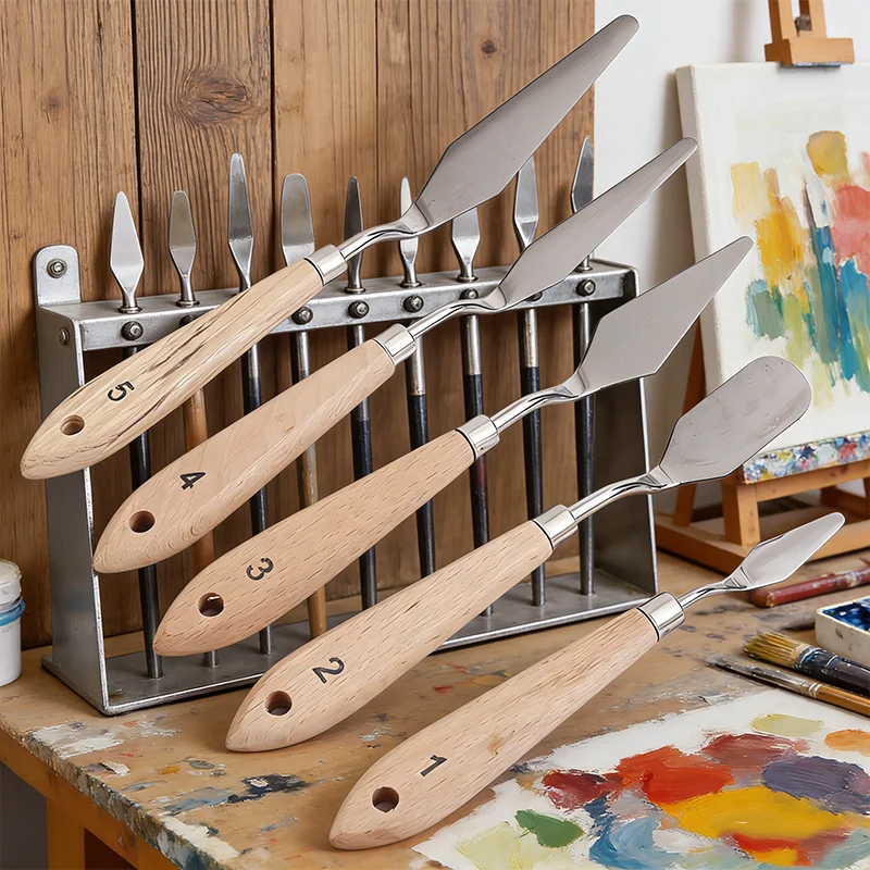 5Pcs Wooden Handle Painting Palette Knives Set Stainless Steel Art Spatulas for Acrylic Oil Paint Mixing Scraping Art Supplies view 4