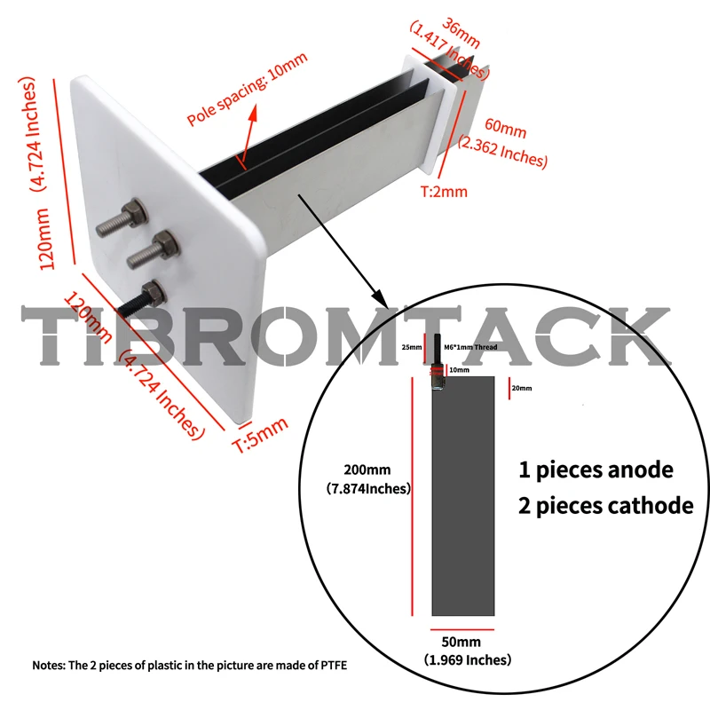 MMO Titanium Electrodes Assembly with Ruthenium-Iridium Coating and PTFE Partitions (1pc Titanium Anode+2pcs Titanium Cathode)