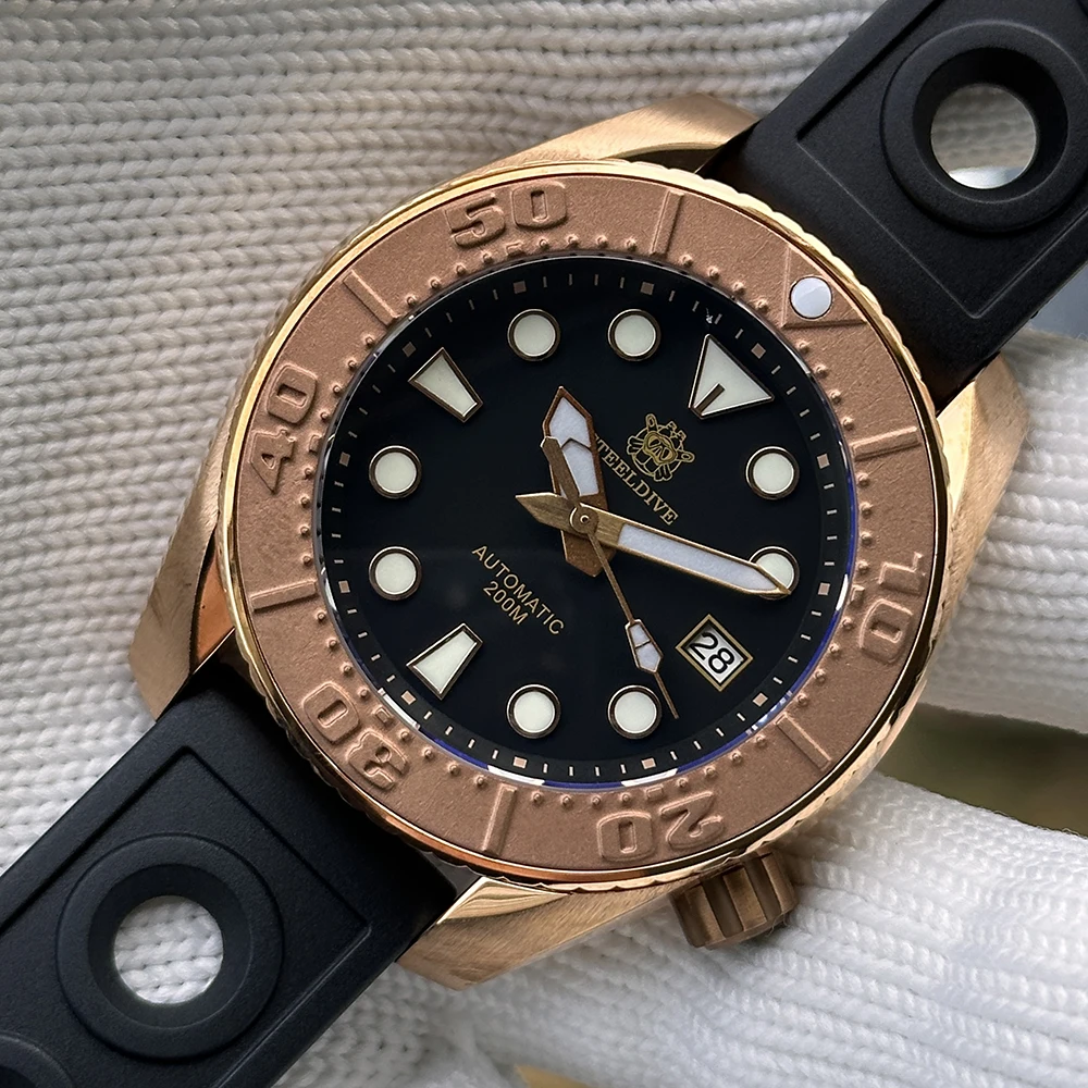 STEELDIVE Official SD1971S 44.9MM Cusn8 Bronze Luminous 200m Men's Dive Automatic Watch NH35 Black Dial Rotating Bronze Bezel