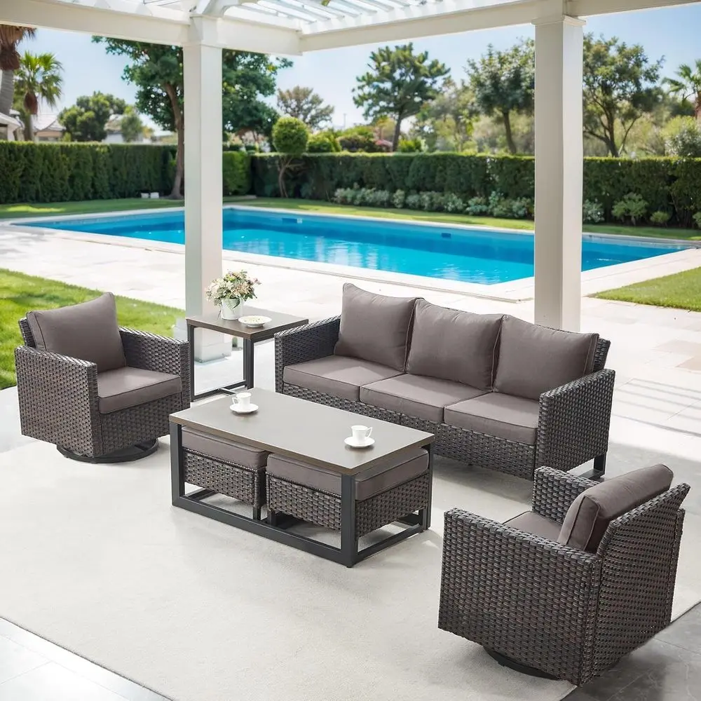 

7-Piece Outdoor Wicker Patio Furniture Set with Swivel Rocking Chairs, Coffee Table, Side Table, 3-Seat Sofa, Ottomans - Brown/G