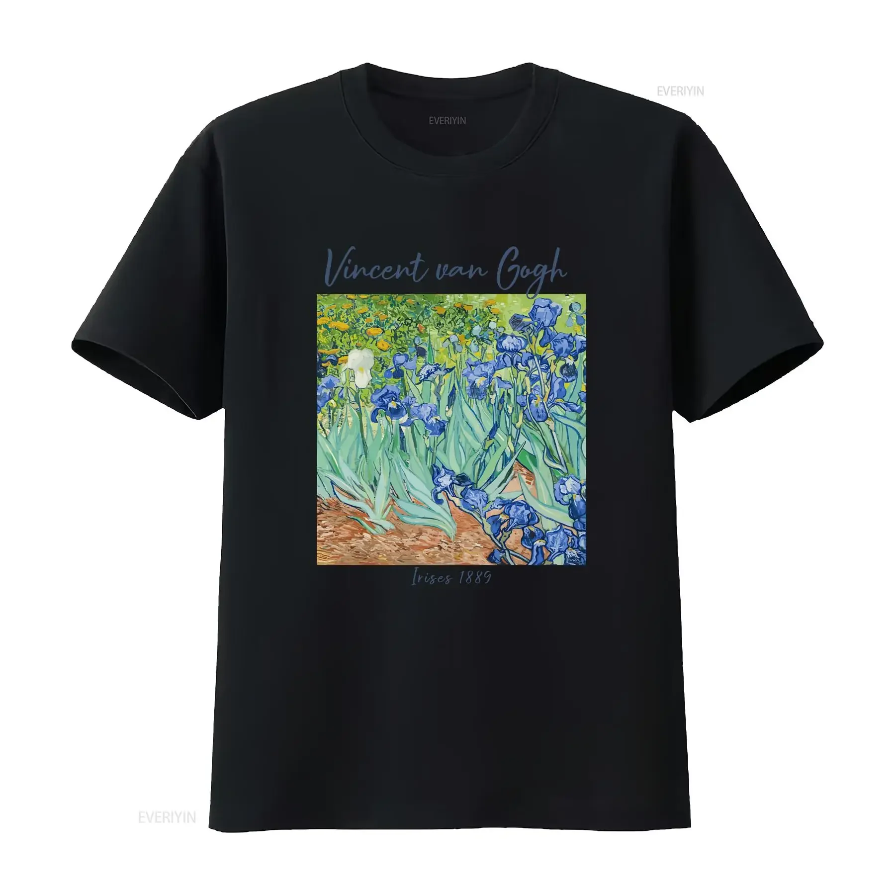Camiseta de iris Vincent Van Gogh pintura vibrante flores azules Gog paisaje floral paisaje natural amantes de las mejores artes vintage