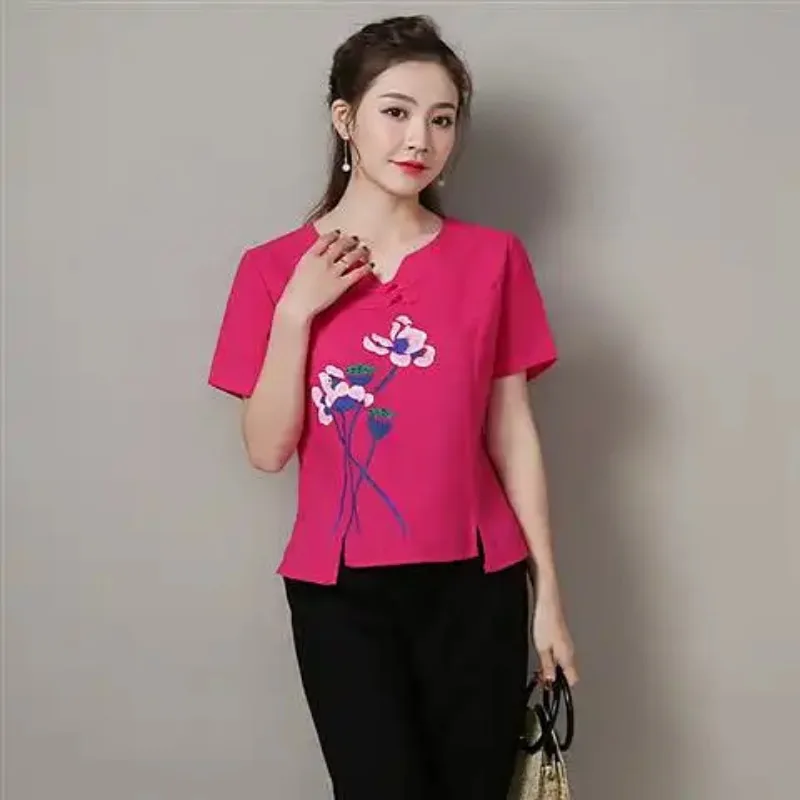 

Женская блузка в китайском стиле из хлопка и льна с вышивкой лотоса, на пуговицах-лягушках, с коротким рукавом, повседневный топ