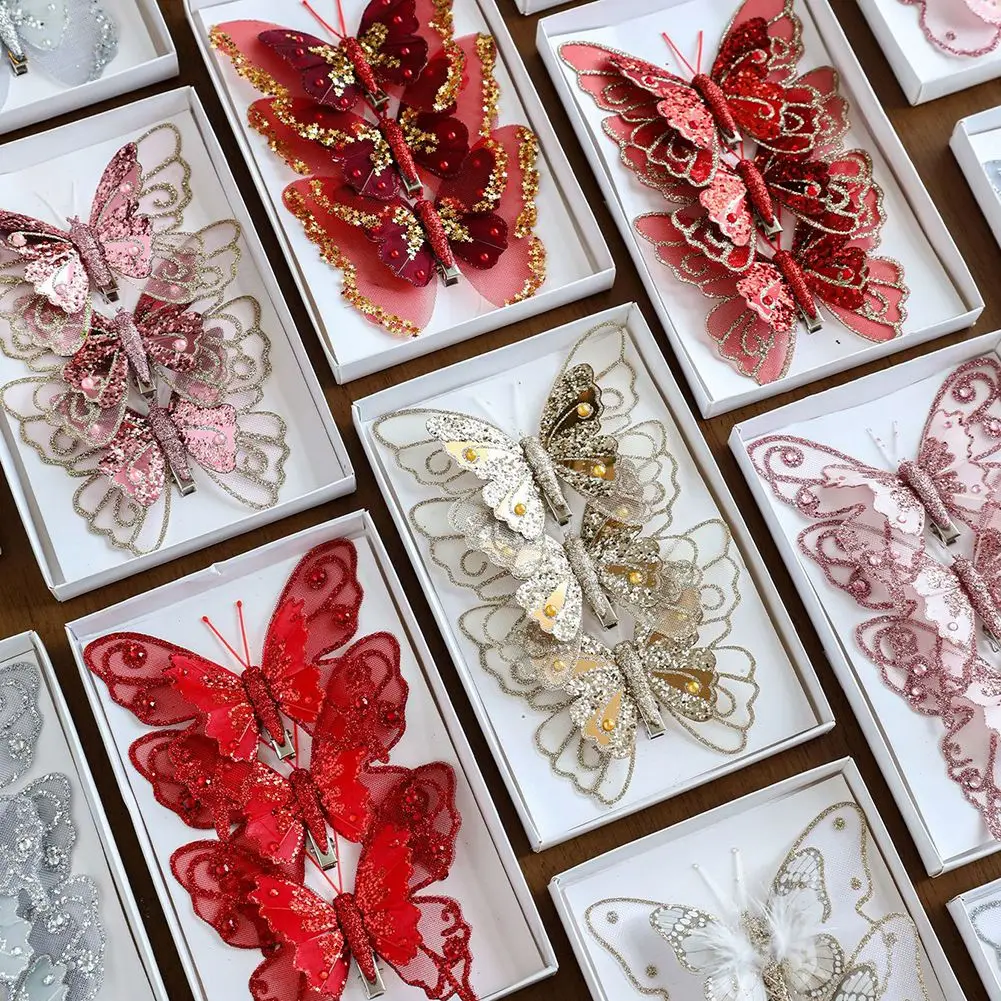 Double Layer Sequin and Feather Butterfly Ornaments Designed for Christmas Tree and Holiday Wreath Decoration Use