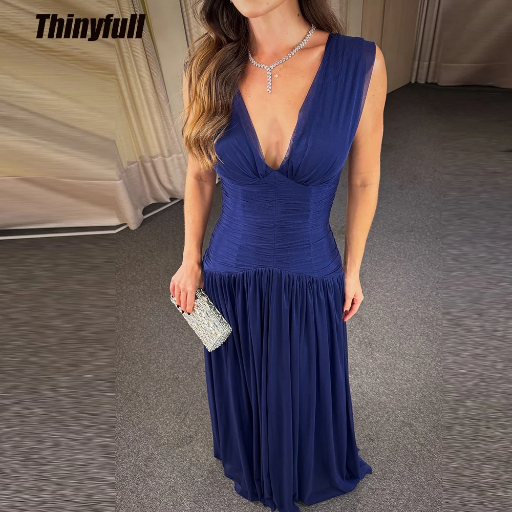 

Thinyfull A-line Chiffon Prom Dress Deep V-neck Sleeveless Evening Dresses Long Formal Occasion Gown Robe De Soirée Customized