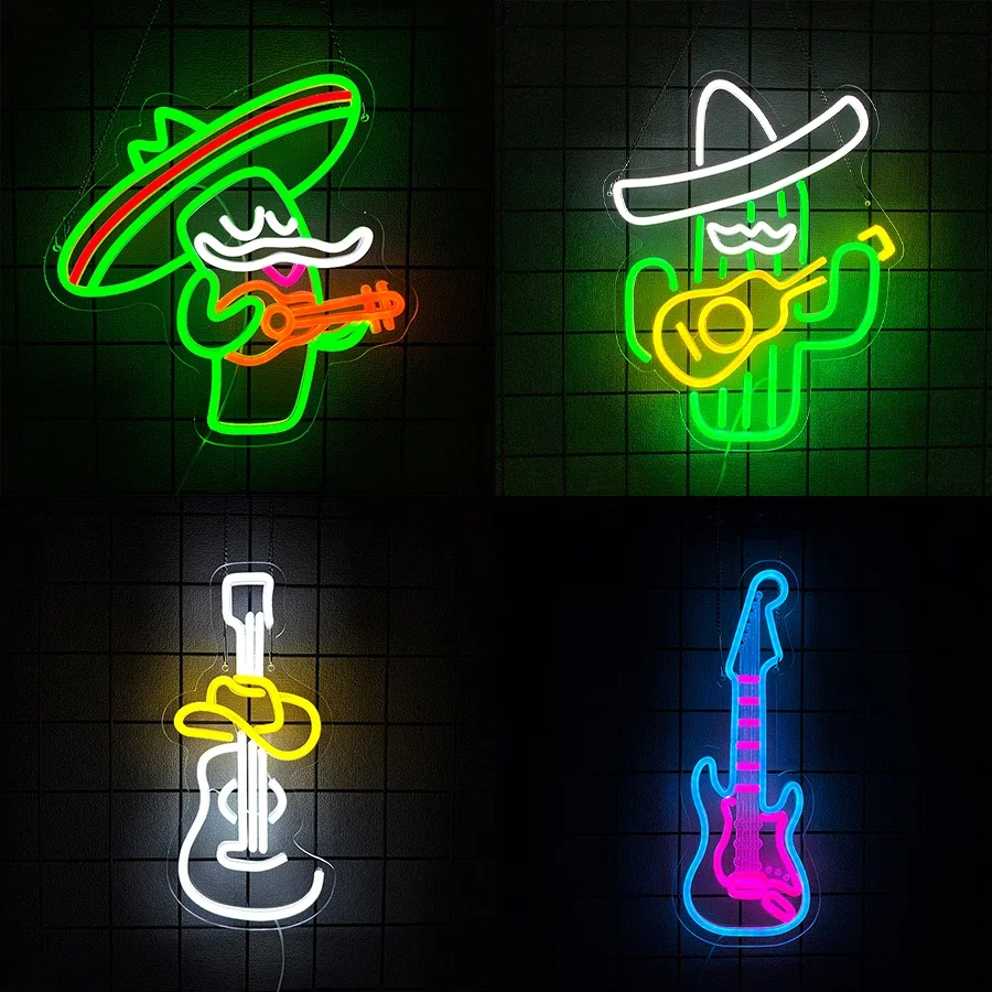 

Светодиодная неоновая лампа для спальни, гостиной, декора музыкальной студии, игровой комнаты, вечеринок, бара, мужской комнаты, неоновая вывеска в виде кактуса и гитары для декора стен