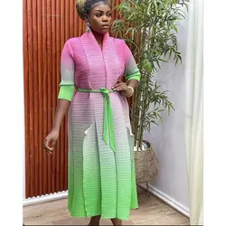2024 Spring/Summer High Elasticity Pleated Contrast Color Dress Women's Slit Belt Midi Elegant Women's Long Dress 2 Party Dress