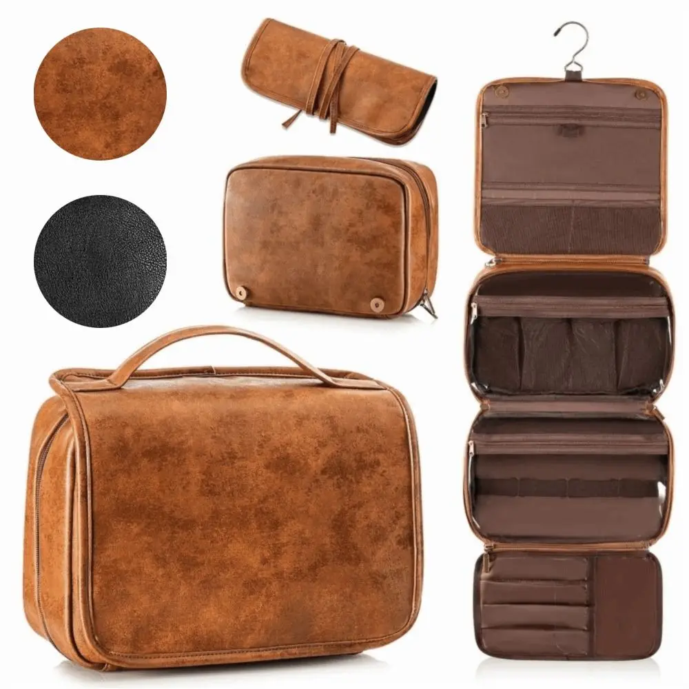 

Separate Compartments Multi-Pocket Makeup Bag PU Leather Large Size 3-in-1 Dopp Kit Waterproof Design Shaving Bag Gift for Men