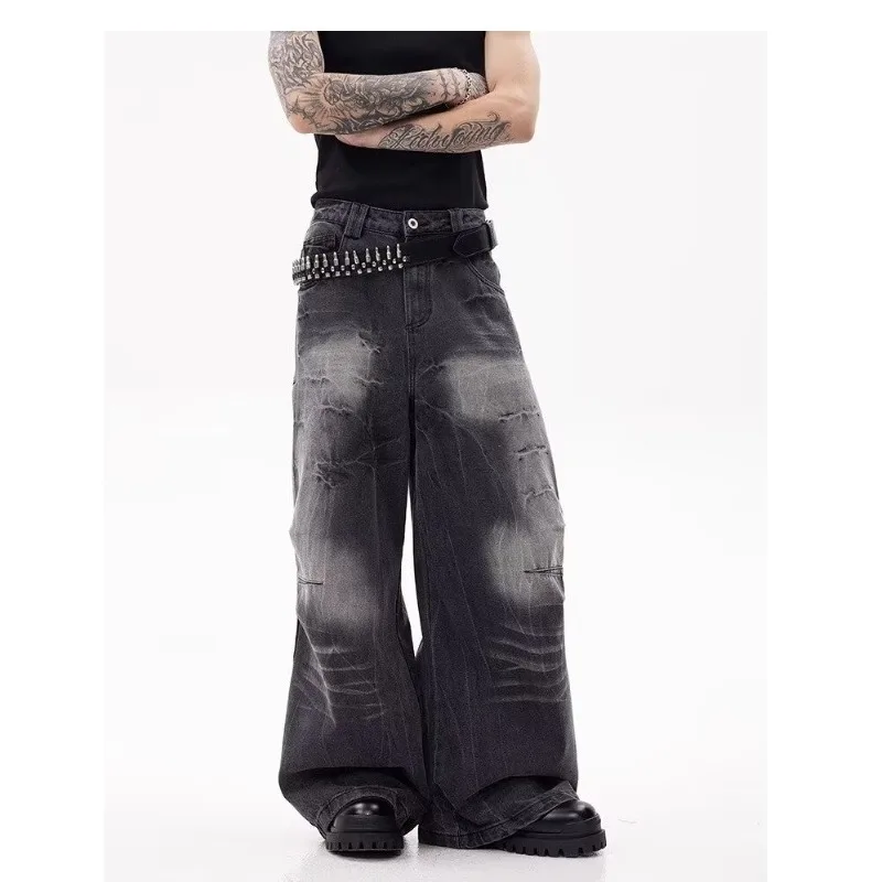 Y2K Street Jeans Washed And Cracked Frayed High Waist Wide-leg Pants Streetwear Vintage Gothic Retro Men Women Unisex Fashion