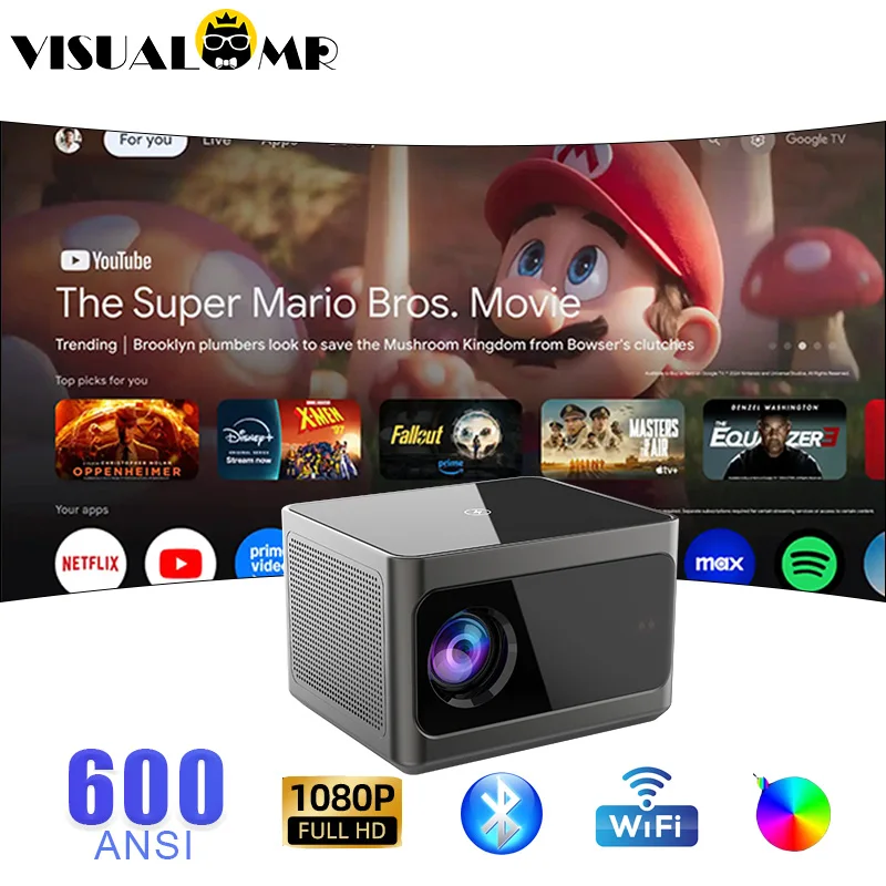 

Smart Projector 600ANSI Lumens Android 9.0 Auto Focus BT5.0 5G WiFi Auto Keystone Full HD 1080P 4K Video Home Cinema Projector