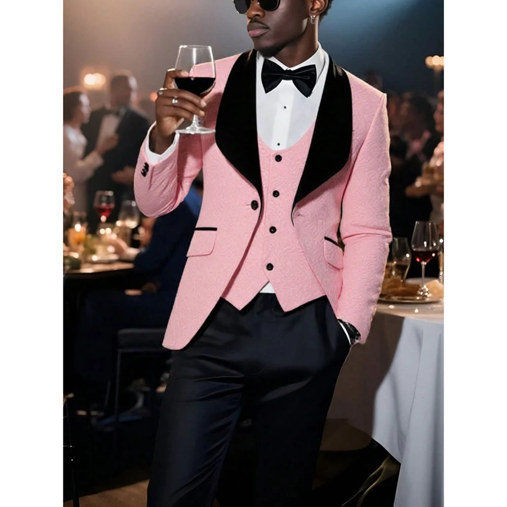 

Black&Pink Man Suit Customized Single-grain Buckle Shawl Lapel 3 Pieces(Jacket+Pants+Vest) Set for Wedding & Formal Occasions