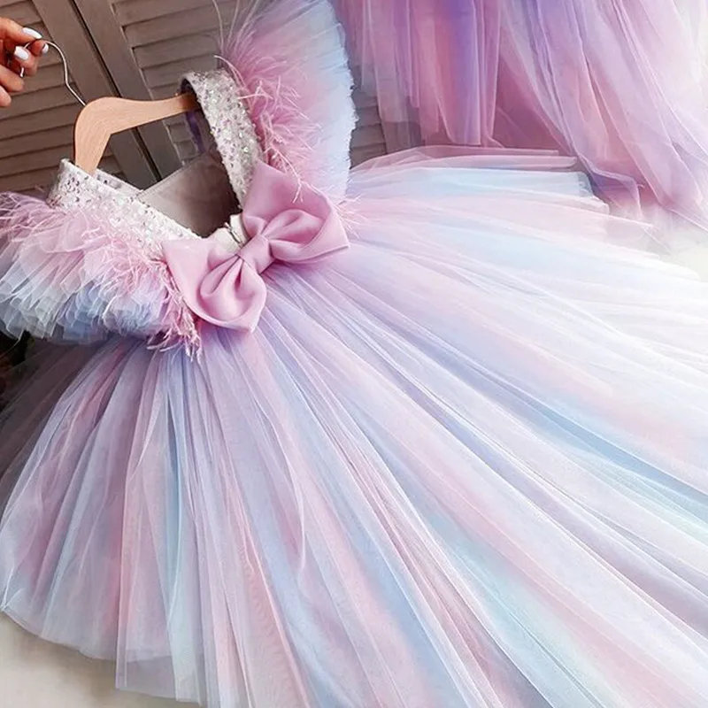 Rainbow Sequin feather Luxurious Baby Girl cake Dress Birthday Party Wedding Girl Princess Tuxedo Evening Dresses  Kid Clothes