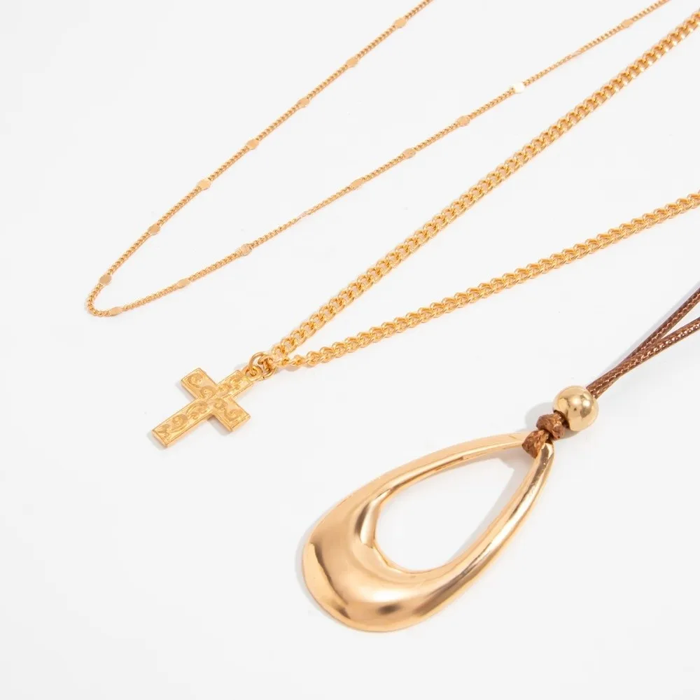 Fashion Cross Charm Layer Teardrop Hollow Wax Cord Neck Collar Vintage Style Pull Adjust Neck Ornament Party Match