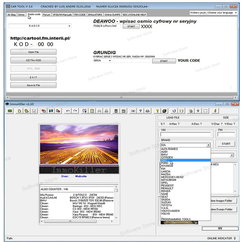 Vehicle immobilizer system Immo Killer V1.1 Cartool V3.6 ECUSafe V2.0 Car Tool Software Repair Airbags Decode Radio VP Pomp