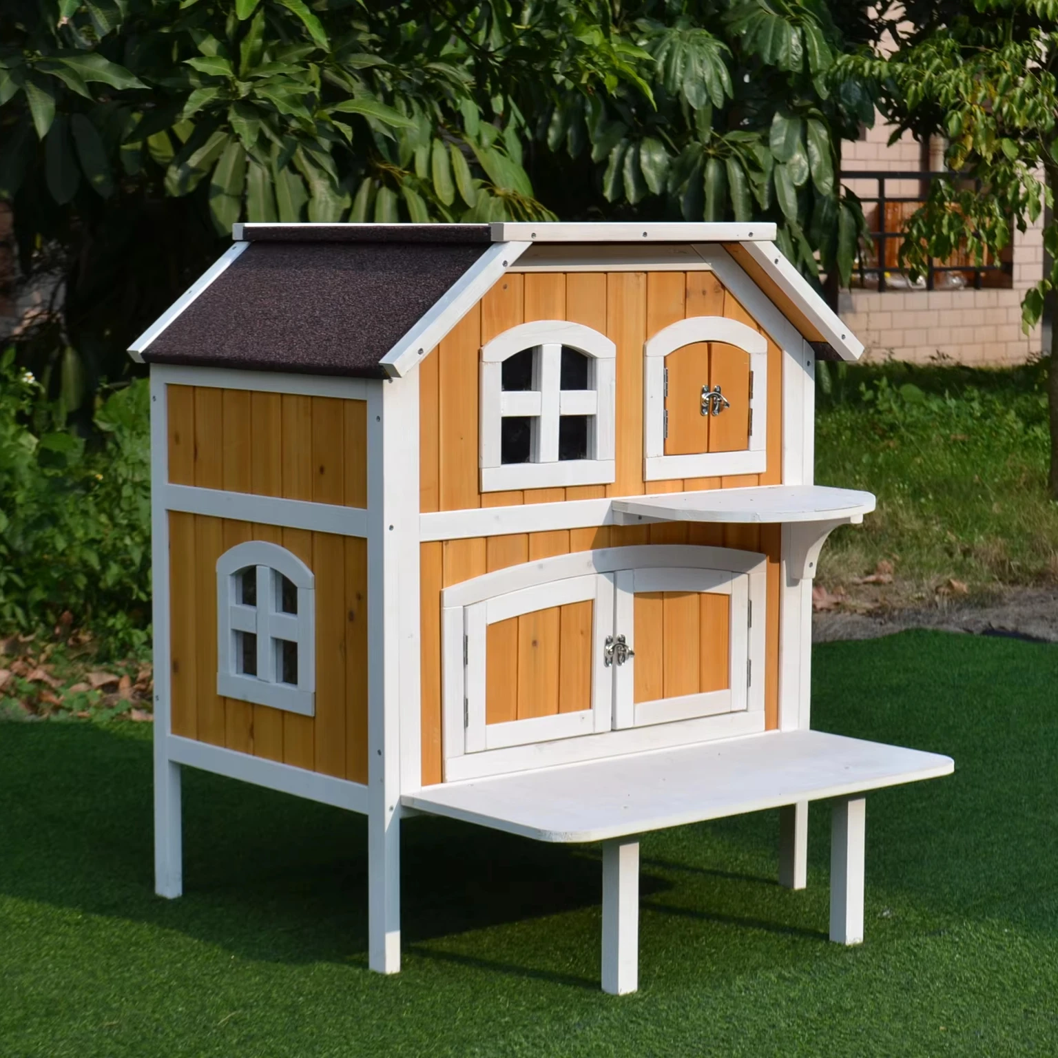 Kids Outdoor Table And Chair Set - Cat House with Door, Rainproof Outside