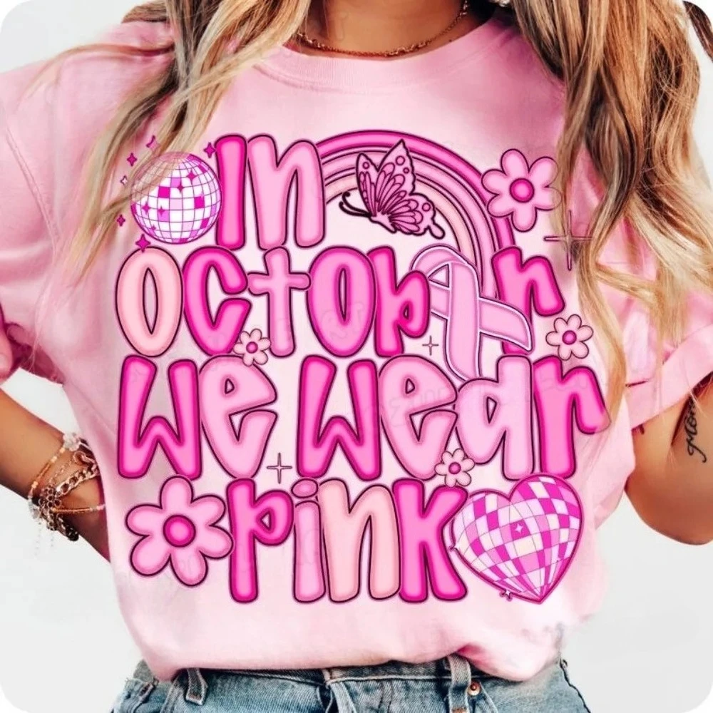 

In October We Wear Pink Tee Retro Breast Cancer Awareness Sublimation Design Tshirt Pink Ribbon Floral Graphic Tops Women Shirt