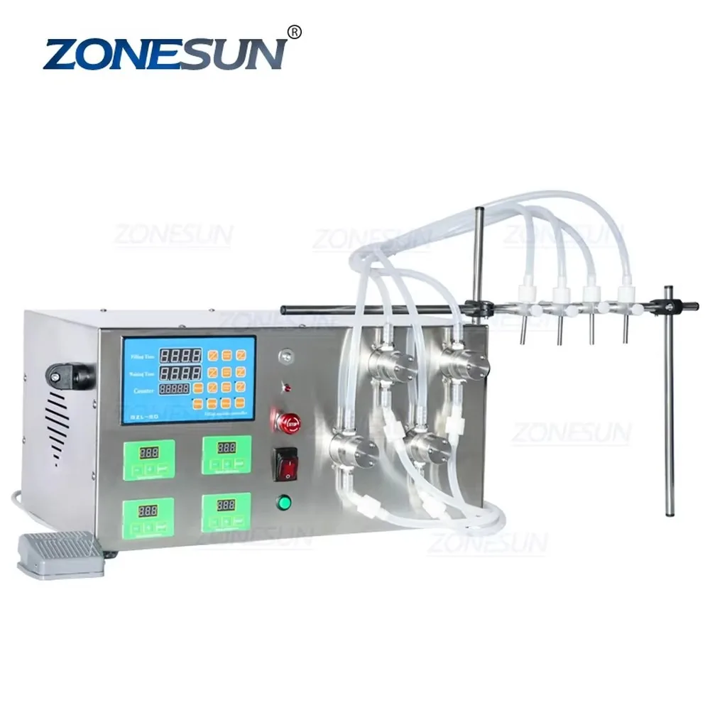 ZONESUN 4 Heads Magnetic Pump Bottle Liquid Filling Machine Tabletop Small Scale Filling Equipment for Cosmetics Drinks
