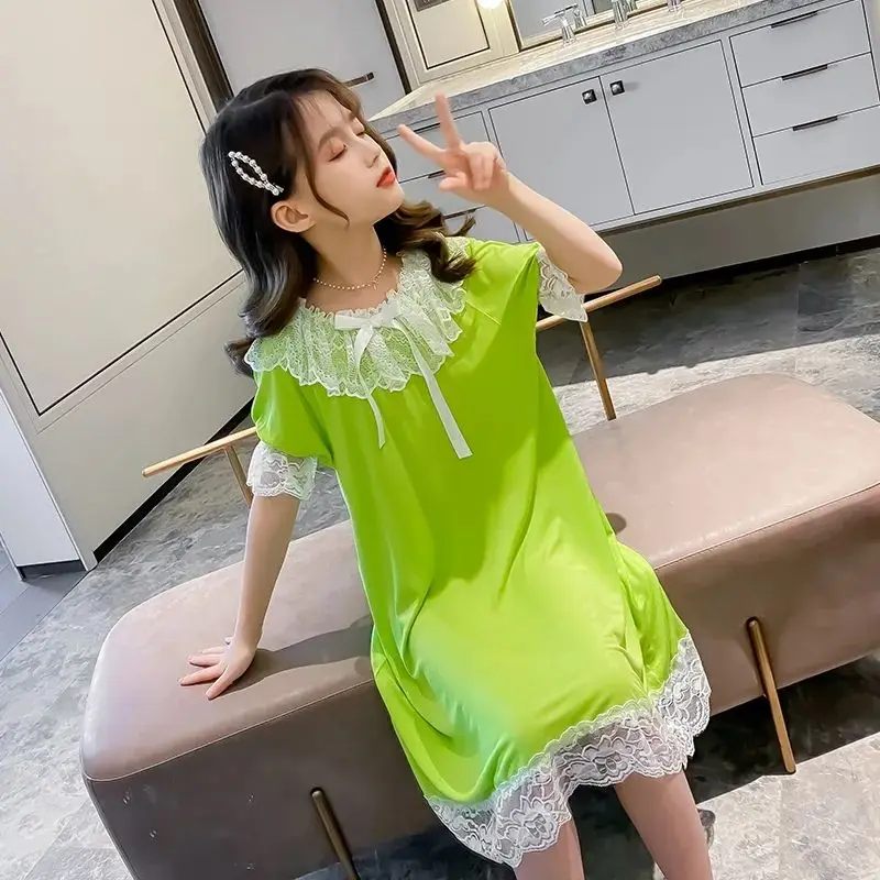 

2026 New Summer Girls Short Sleeve Lace Nightgown Cooling Homewear Set