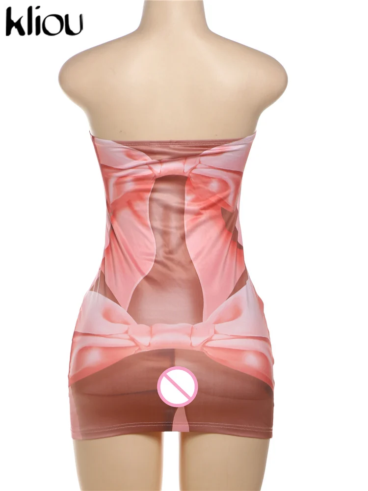 kliou 3D Print Women Mini Dress Fashion Attractive Wrapped Chest Sexy Thin Sleeveless Vestidos Girls Summer Party Club Bodycon