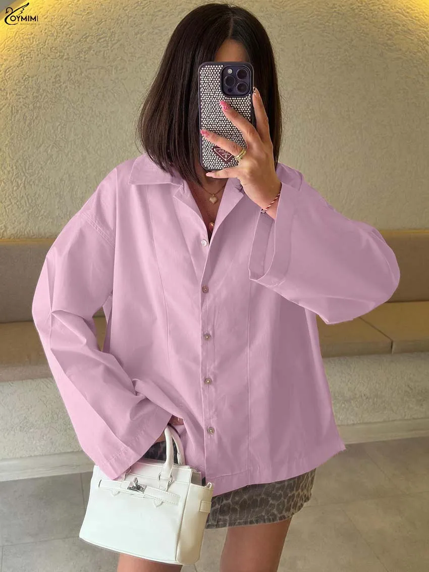 

Oymimi Elegant Pink Cotton Woman Blouses Fashion Turn-Down Collar Long Sleeve Blouses Casual Single Breasted Solid Blouse Female