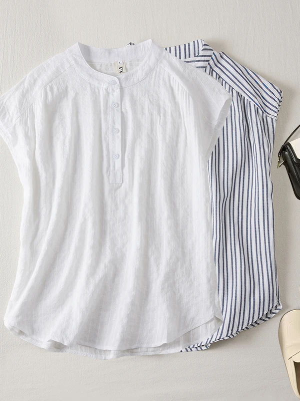 

Elegant Loose Women's Striped Shirt Casual Short Sleeve Fly Sleeve Design Breathable Comfortable Artistic Style Summer Fashion