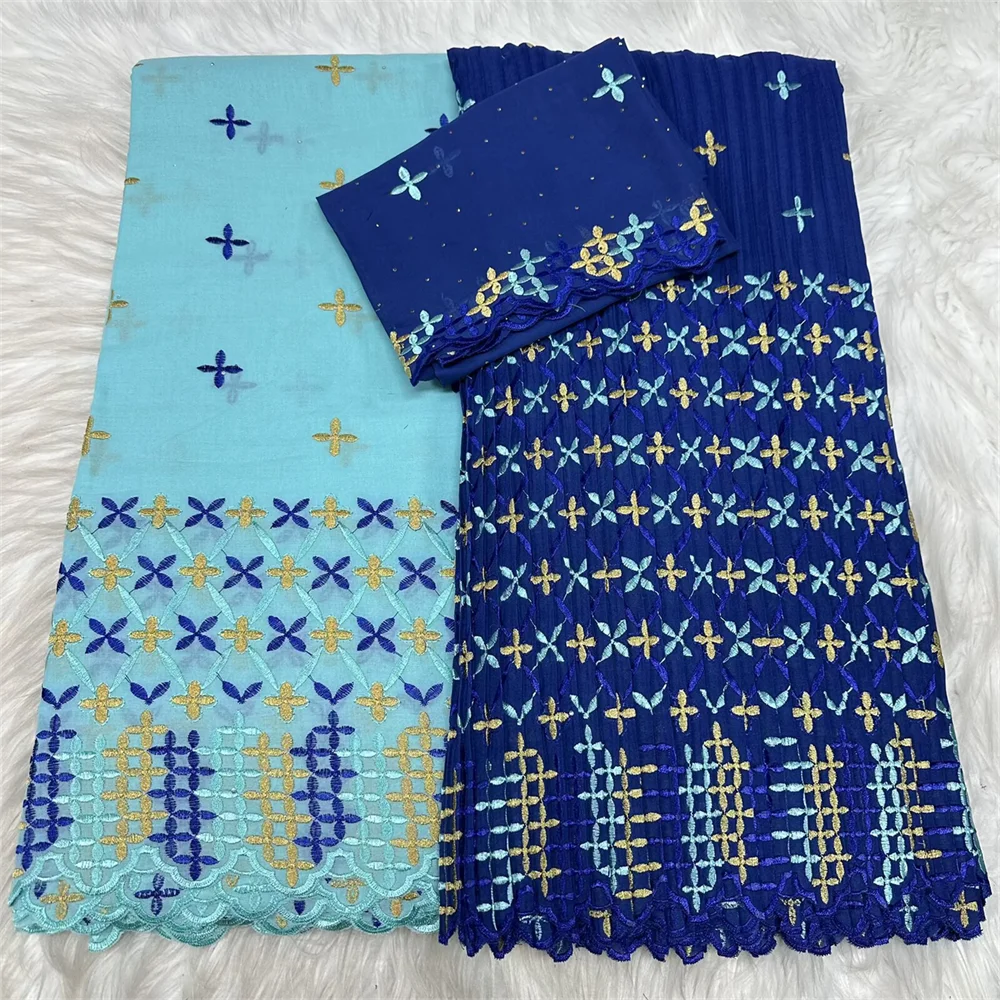 

2.5+2.5+2 Yards Blue Swiss Voile Dry Lace Fabric Embroidery African Polyester Cotton Fold Popular Dubai Style For Party Material