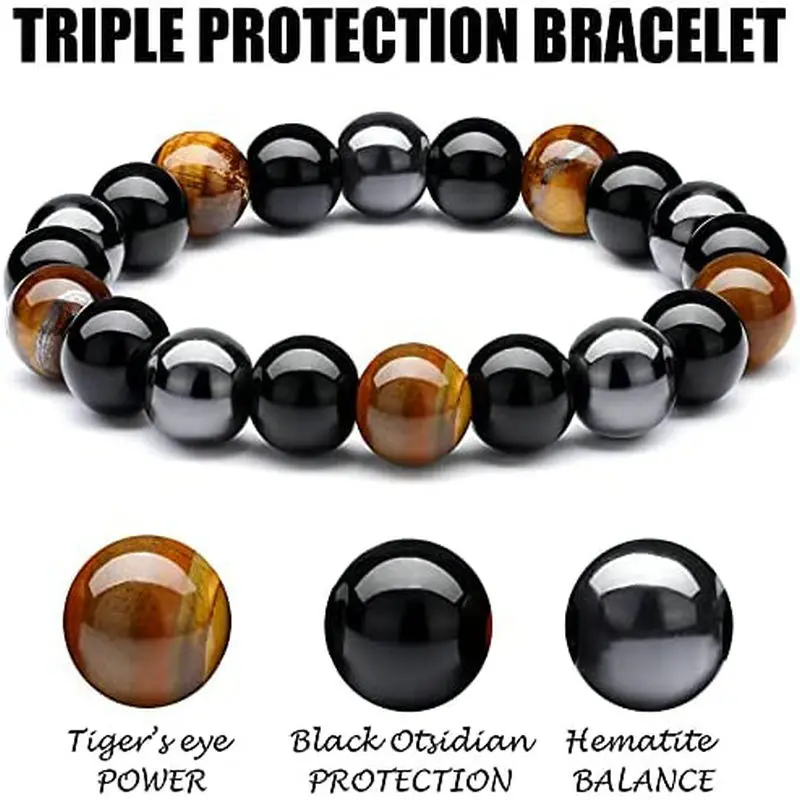 Men Women Bracelet Triple Protection Black Obsidian Hematite Tiger Eye Beads Bracelet Men Jewelry Bring Luck Wealth Pulseira