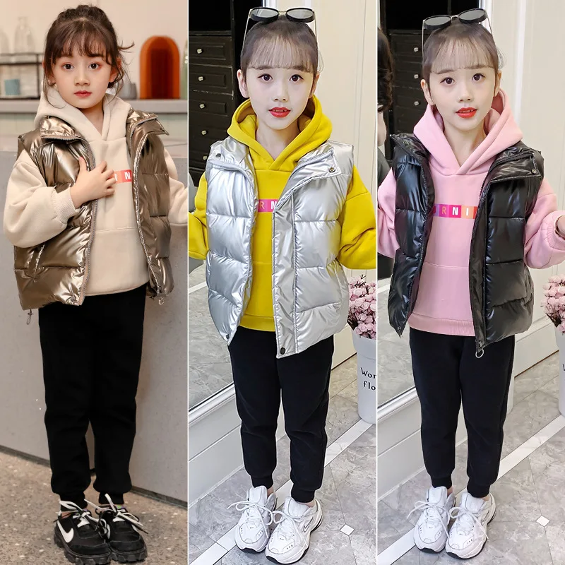 Winter Children Girl Clothing Set School Girl Thicken Hooded Sweatshirt+Shiny Vest Cotton Jacket+Thick Pants Set For Girls