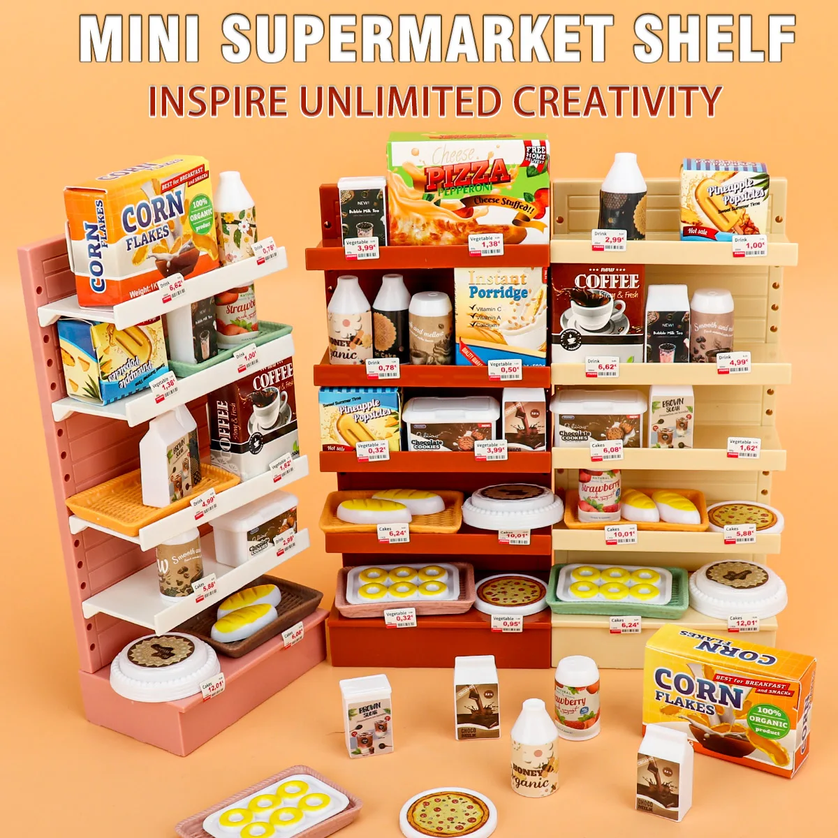 Prateleira de supermercado para crianças, brinquedos de simulação, comida em miniatura, ornamentos, casa de boneca, mini produtos aleatórios, modelo de rack de exibição de lanche