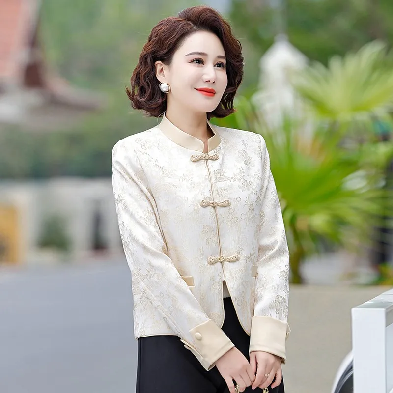 Chinese Style Improved HanfuSatin Jacket Women 2024 Spring Autumn Retro Stand Collar Long Sleeve Elegant Tang Suit Tops