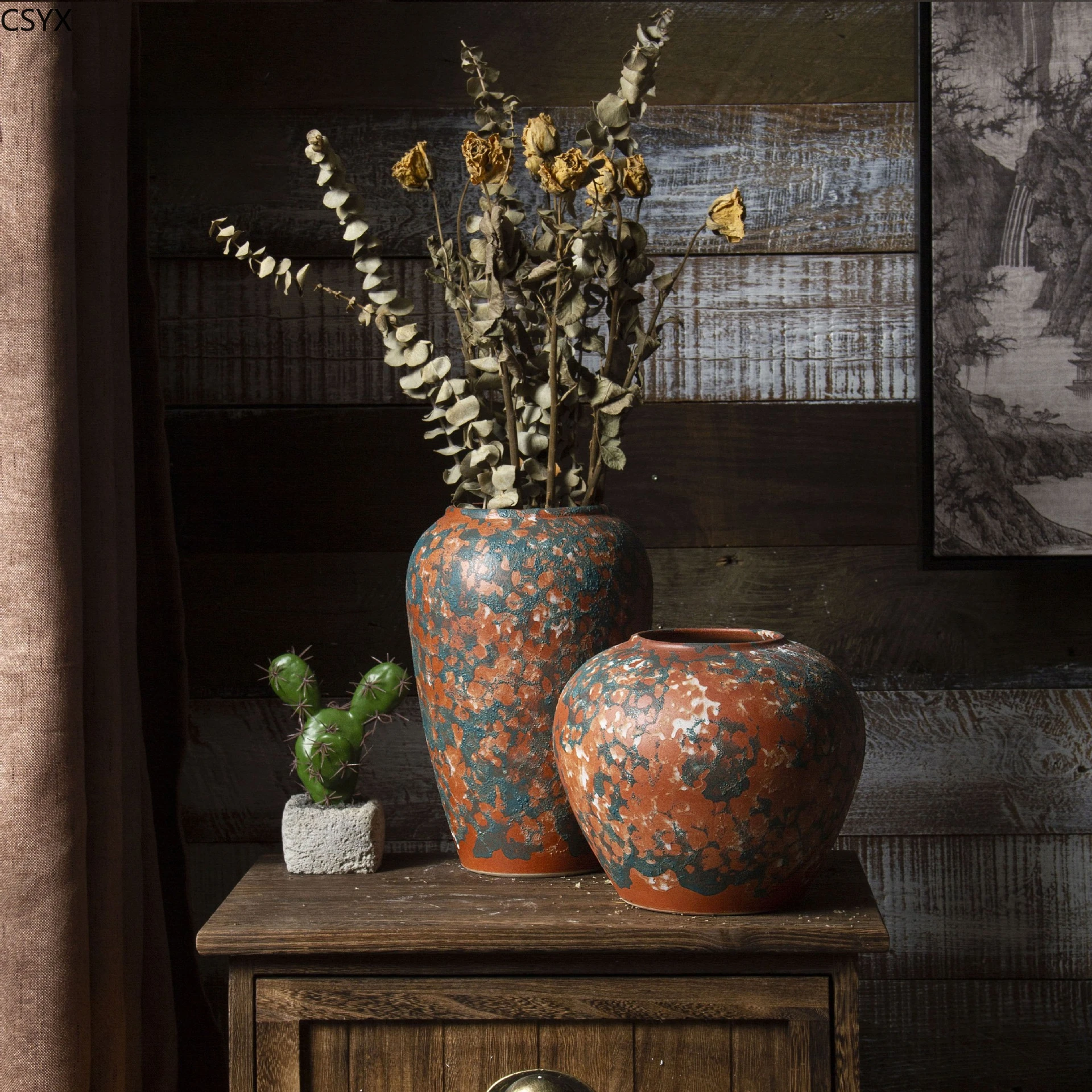 Jingdezhen Ceramic Coarse Pottery Dried Flower Vase Pottery Pot Retro Decorative Ornament Zen Antique Flower Ware  Home Decor