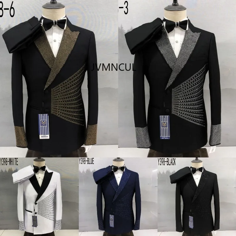 Cross - border European and American Men's Tailored Fit Hot - drilled Sequins Pointed Collar Tuxedo for Grooms and Wedding Hosts