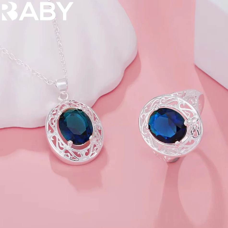 

New 925 Sterling Silver Pretty Blue Crystal Oval Pendant Necklaces rings Jewelry sets For Women fashion party wedding engagement