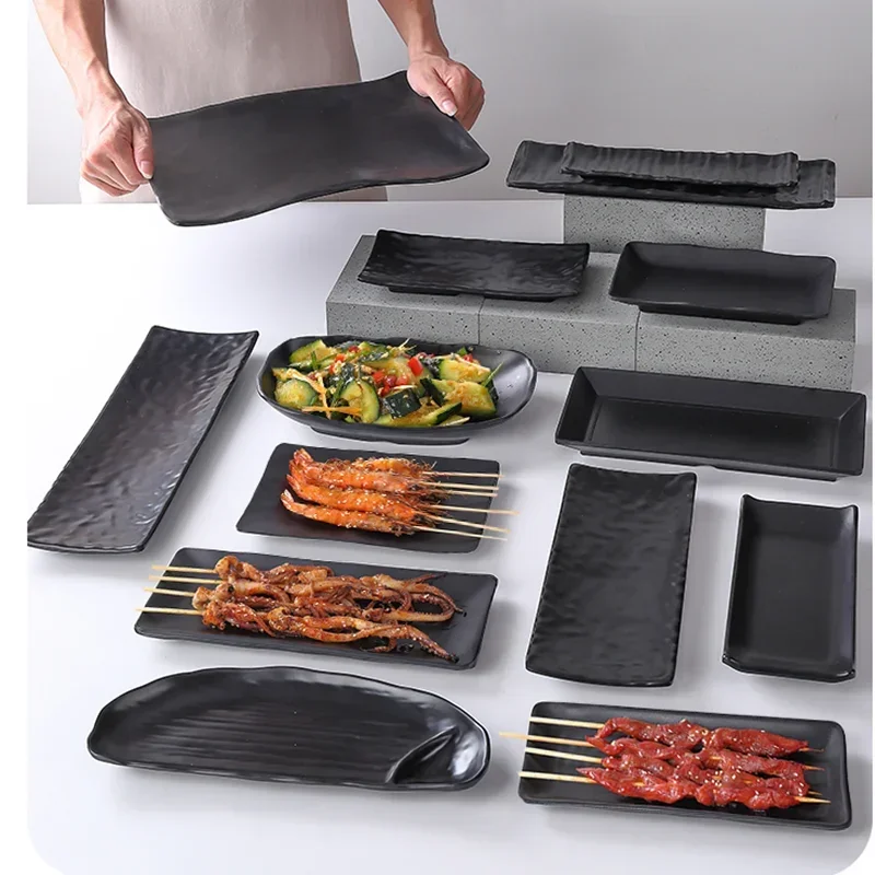 

Melamine Imitation Porcelain Tableware, Japanese Frosted Black Plate, Barbecue, Sushi Appetizer, Decorative Kitchen Utensils