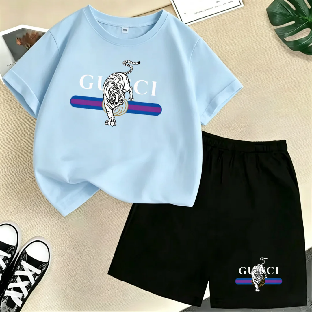 

New Kids Letter Tiger Print Summer T-shirt Boy Girls Toddler 3-12Yrs Gift Short-Sleeved+Shorts Fashion Sports Brand Clothing Set