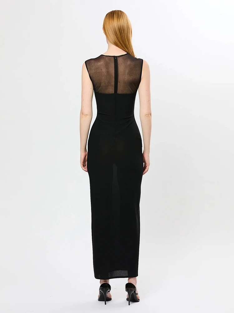 Robe longue à bandes en maille, col rond, Sexy, Patchwork, noire, blanche, transparente, irrégulière, moulante, robes de soirée, de Cocktail