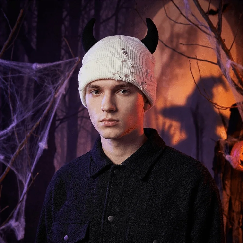 Lovely Yarn Devil Horns Hat Solid Color Distressed Winter Pullover Cap Harajuku Warm Knitted Beanie Outdoor