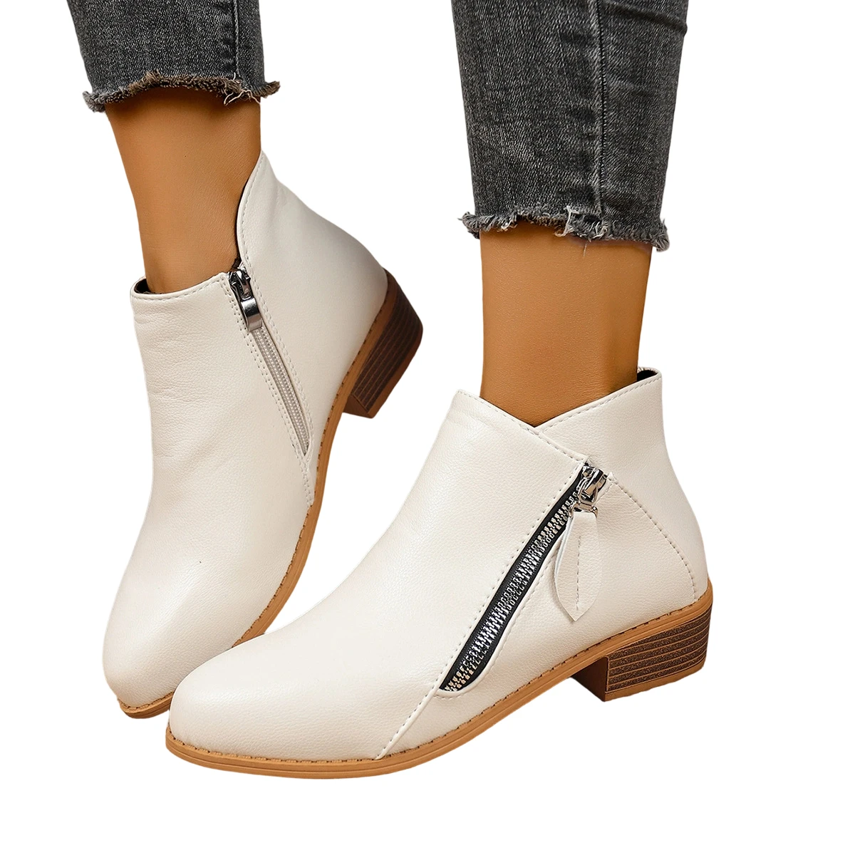 المرأة الخريف الشتاء الجوارب الجديدة عادية منخفضة الكعب الخامس قطع الجوارب القصيرة موضة كعب سميك مزدوجة الجانب السوستة تصميم أحذية بولي PU #5