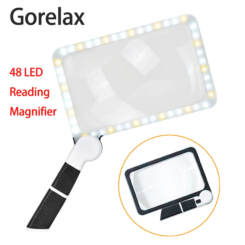 grande lupa com 48 led full page lens lupa de mao ajustar dobravel alta ampliacao anti slip handle 5x 01