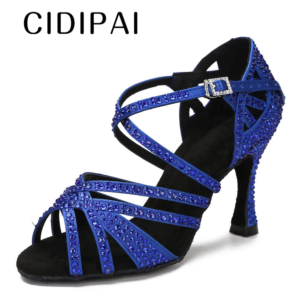 

CIDIPAI Silk Satin Dance Shoes Women Blue Rhinestones Latin Dance Shoes Soft Bottom Ballroom Dancing Shoes Tango Party Sandals