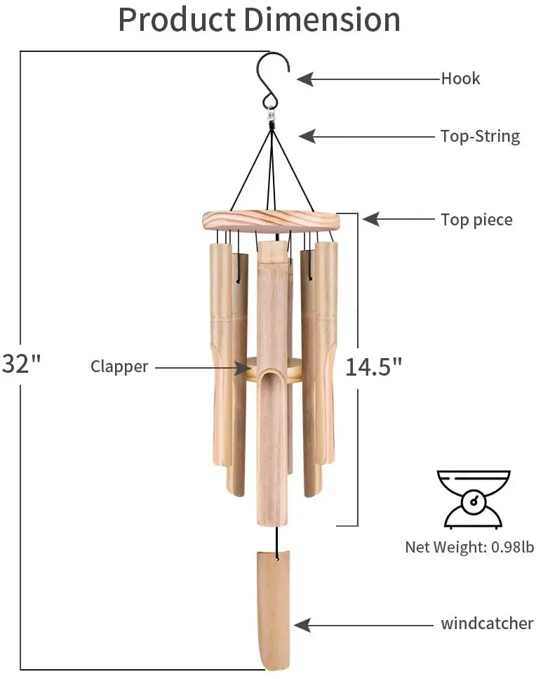 6 Tubes Bamboo Wind Chimes With Natural Relaxing Soothing Sound Outdoor Chimes Hand-Carved Garden Patio Outdoor Home Decor