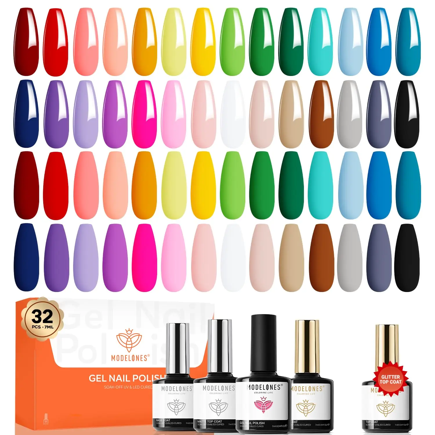 

Набор гель-лаков Modelones, 32 шт., 28 цветов: красный, нюдовый, зеленый, синий, с базовым покрытием без липкого слоя, глиттером, глянцевым и матовым эффектом.