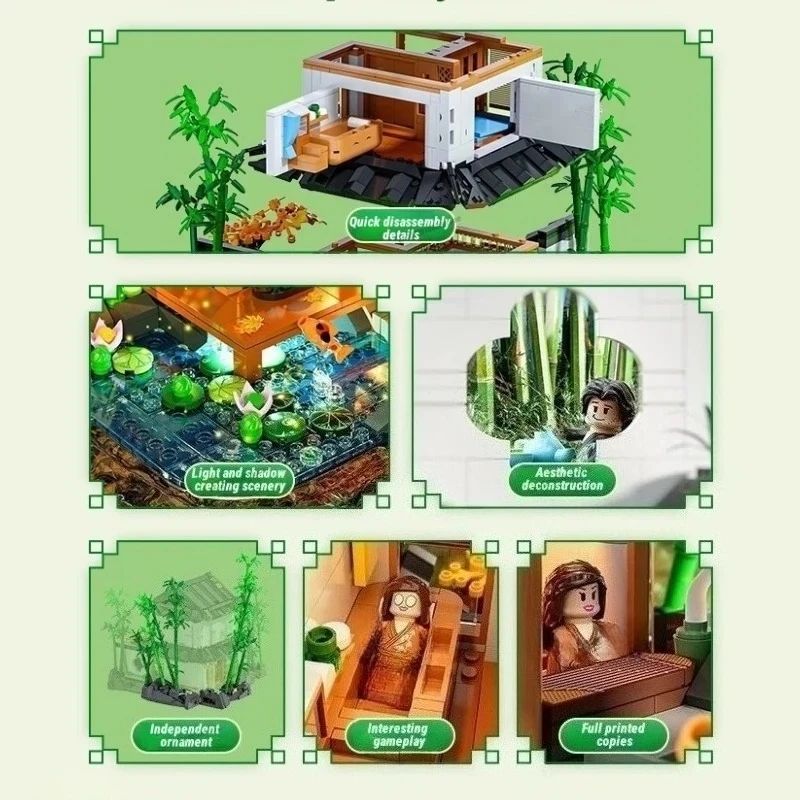 Serie di case retrò Building Block Bamboo Lodge assemblato Modello di costruzione di case in legno Street View Decorazione regalo