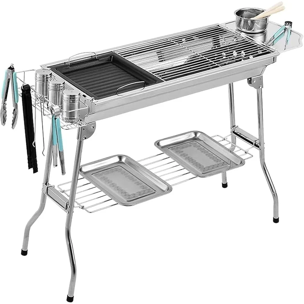 

Barbecue Tool Set Portable Charcoal BBQ Grill, Stainless Steel Foldable Barbecue Grill with Non-Stick Frying Pan and Storage Boa