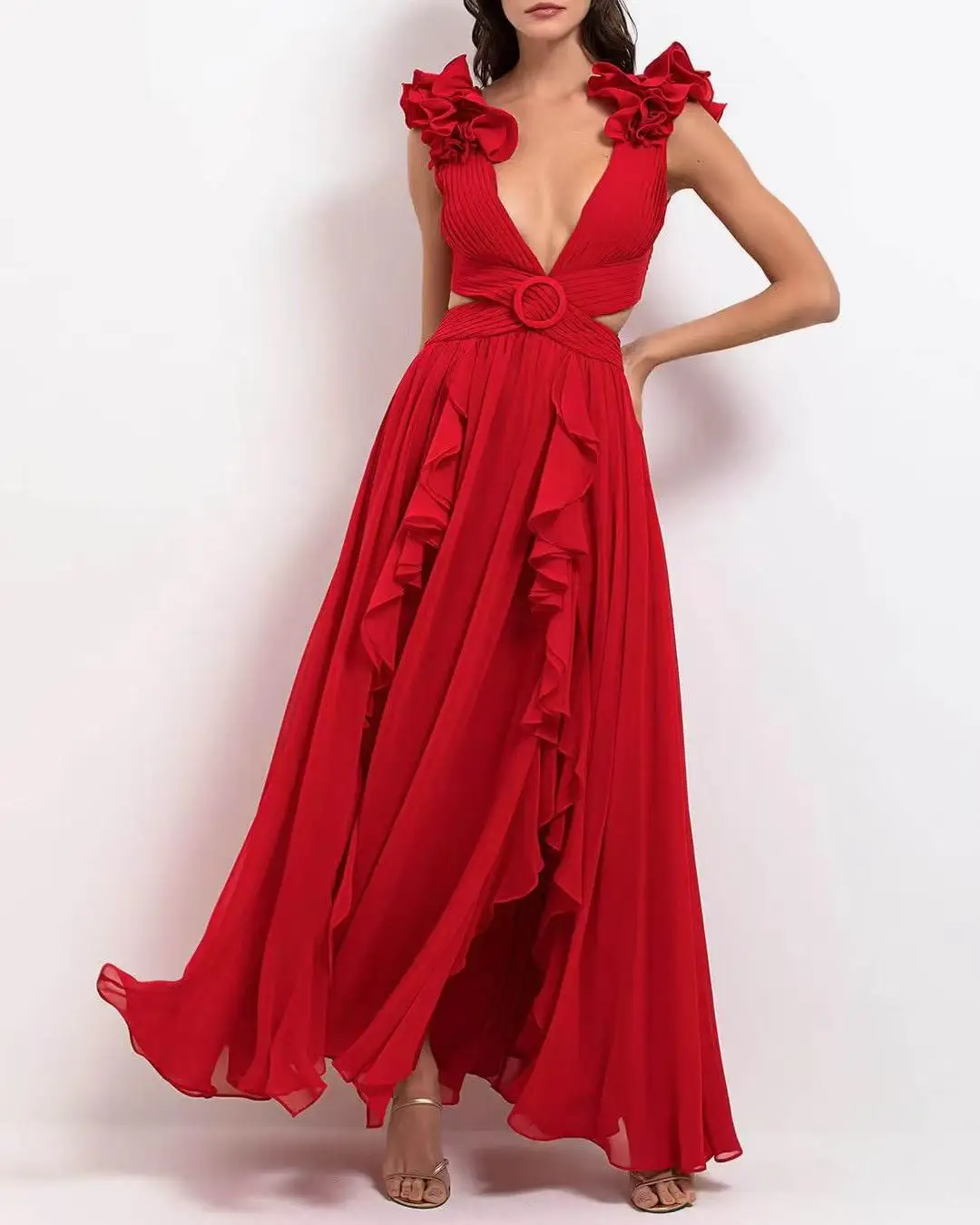 

Sexy evening dress breathable casual V-neck large ruffle design natural waistline deep hollow irregular skirt-SZFTYH080